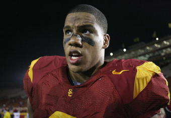 LOS ANGELES - OCTOBER 4:  Taylor Mays of the USC Trojans is interviewed on the field after the game against the Oregon Ducks on October 4, 2008 at the Los Angeles Memorial Coliseum in Los Angeles, California.  USC won 44-10.  (Photo by Jeff Golden/Getty Images)