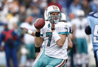 NASHVILLE, TN - DECEMBER 20: Chad Henne #7 of the Miami Dolphins looks to pass the football against the Tennessee Titans at LP Field on December 20, 2009 in Nashville, Tennessee. The Titans defeated the Dolphins 27-24 in overtime. (Photo by Joe Robbins/Getty Images)