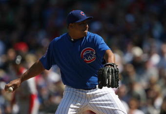 CHICAGO - APRIL 17:  Carlos Zambrano #38 of the Chicago Cubs pitches against the St. Louis Cardinals on April 17, 2009 at Wrigley Field in Chicago, Illinois. (Photo by Jonathan Daniel/Getty Images) 