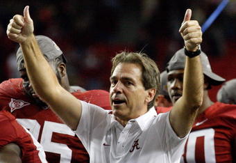 ATLANTA - DECEMBER 05:  Head coach Nick Saban of the Alabama Crimson Tide celebrates after defeating the Florida Gators 31-13 during the SEC Championship at the Georgia Dome on December 5, 2009 in Atlanta, Georgia.  (Photo by Chris Graythen/Getty Images)