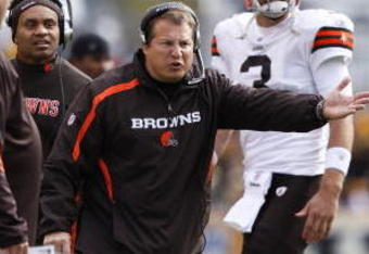 PITTSBURGH, PA - OCTOBER 18: Head coach Eric Mangini of the Cleveland Browns argues with an official during the game against the Pittsburgh Steelers at Heinz Field on October 18, 2009 in Pittsburgh, Pennsylvania. The Steelers defeated the Browns 27-14. (Photo by Joe Robbins/Getty Images)