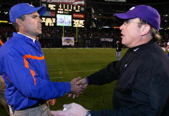 SAN DIEGO, CA - DECEMBER 23:  Head Coach Chris Petersen of the Boise State Broncos meets Heads Coach Gary Patterson of TCU Horned Frogs after the Horned Frogs 17-16 win over the Broncos during the San Diego County Credit Union Poinsettia Bowl at Qualcomm Stadium on December 23, 2008 in San Diego, California. (Photo by Donald Miralle/Getty Images)