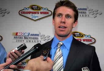 LAS VEGAS - DECEMBER 03:  NASCAR driver Carl Edwards speaks to the media prior to the NASCAR Sprint Cup Series Champions Week NMPA Myers Brothers Awards at the Venetian Resort Hotel & Casino on December 3, 2009 in Las Vegas, Nevada.  (Photo by Todd Warshaw/Getty Images for NASCAR)