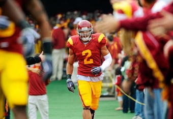 LOS ANGELES, CA - DECEMBER 05:  Safety Taylor Mays #2 of the USC Trojans is introduced during USC Senior Day festivities prior to the start of the NCAA college football game against Arizona Wildcats at the Los Angeles Coliseum on December 5, 2009 in Los Angeles, California.  (Photo by Kevork Djansezian/Getty Images)