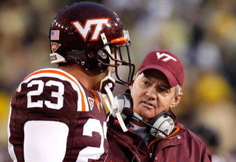 ATLANTA - OCTOBER 17:  Head coach Frank Beamer of the Virginia Tech Hokies talks to Matt Reidy #23 against the Georgia Tech Yellow Jackets at Bobby Dodd Stadium on October 17, 2009 in Atlanta, Georgia.  (Photo by Kevin C. Cox/Getty Images)