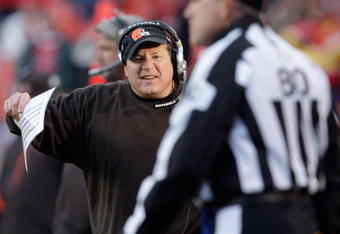 KANSAS CITY, MO - DECEMBER 20:  Head coach Eric Mangini of the Cleveland Browns appeals to a referee after a controversial call during the game against the Kansas City Chiefs on December 20, 2009 at Arrowhead Stadium in Kansas City, Missouri.  (Photo by Jamie Squire/Getty Images)
