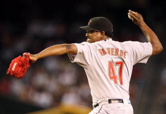 PHOENIX - JUNE 14:  Releif pitcher Jose Valverde #47 of the Houston Astros pitches against the Arizona Diamondbacks in the major league baseball game at Chase Field on June 14, 2009 in Phoenix, Arizona. The Astros defeated the Diamondbacks 8-3.  (Photo by Christian Petersen/Getty Images)