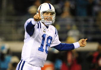 JACKSONVILLE, FL - DECEMBER 17:  Peyton Manning #18 of the Indianapolis Colts directs the offense against the Jacksonville Jaguars at Jacksonville Municipal Stadium on December 17, 2009 in Jacksonville, Florida.  (Photo by Sam Greenwood/Getty Images)