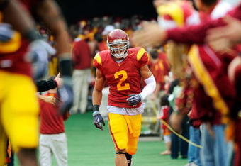 LOS ANGELES, CA - DECEMBER 05:  Safety Taylor Mays #2 of the USC Trojans is introduced during USC Senior Day festivities prior to the start of the NCAA college football game against Arizona Wildcats at the Los Angeles Coliseum on December 5, 2009 in Los Angeles, California.  (Photo by Kevork Djansezian/Getty Images)