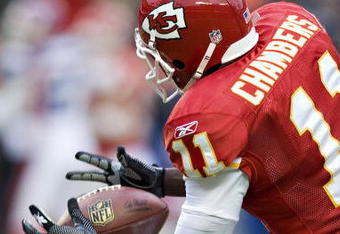 KANSAS CITY, MO - DECEMBER 13: Wide receiver Chris Chambers #11 of the Kansas City Chiefs drops a pass in his hands near the end of the game during NFL action against the Buffalo Bills at Arrowhead Stadium on December 13, 2009 Kansas City, Missouri.  The Bills defeated the Chiefs 16-10.  (Photo by Wesley Hitt/Getty Images)