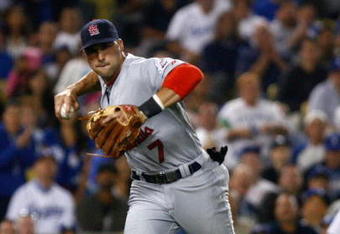 LOS ANGELES, CA - AUGUST 17:  Third baseman Mark DeRosa #7 of the St. Louis Cardinals throws to first base against the Los Angeles Dodgers at Dodger Stadium on August 17, 2009 in Los Angeles, California.  (Photo by Jeff Gross/Getty Images)