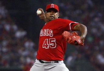 BOSTON - OCTOBER 5:  Kelvim Escobar #45 of the Los Angeles Angels throws against the Boston Red Sox during Game 2 of the American League Division Series at Fenway Park October 5, 2007 in Boston, Massachusetts.  (Photo by Jim Rogash/Getty Images)