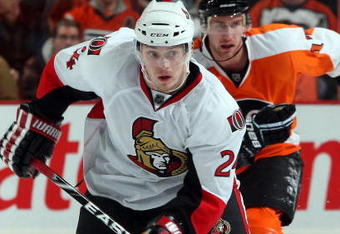 PHILADELPHIA - DECEMBER 10:  Anton Volchenkov #24 of the Ottawa Senators skates against the Philadelphia Flyers on December 10, 2009 at Wachovia Center in Philadelphia, Pennsylvania.  (Photo by Jim McIsaac/Getty Images)