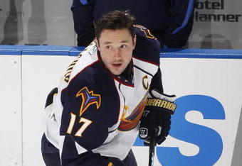 SUNRISE, FL - DECEMBER 5: Ilya Kovalchuk #17 of the Atlanta Thrashers warms up prior to the game against the Florida Panthers on December 5, 2009 at the BankAtlantic Center in Sunrise, Florida. (Photo by Joel Auerbach/Getty Images)