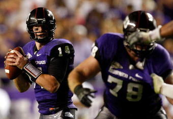 FORT WORTH, TX - NOVEMBER 14:  Quarterback Andy Dalton #14 of the TCU Horned Frogs at Amon G. Carter Stadium on November 14, 2009 in Fort Worth, Texas.  (Photo by Ronald Martinez/Getty Images)