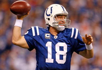 INDIANAPOLIS - DECEMBER 13:  Peyton Manning #18 of the Indianapolis Colts throws the ball during the NFL game against the Denver Broncos at Lucas Oil Stadium on December 13, 2009 in Indianapolis, Indiana. The Colts won 28-16. (Photo by Andy Lyons/Getty Images)