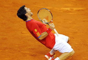 BARCELONA, SPAIN - DECEMBER 05: Fernando Verdasco and Feliciano Lopez (unseen) of Spain celebrate after beating Radek Stepanek and Tomas Berdych of Czech Republic during the Davis Cup World Group Final doubles match at Palau Sant Jordi stadium on December 5, 2009 in Barcelona, Spain. Spain won the Davis Cup after leading Czech Republic 3-0. (Photo by Denis Doyle/Getty Images)