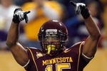 MINNEAPOLIS - NOVEMBER 01: Traye Simmons #15 of the Minnesota Golden Gophers celebrates his interception for a touchdown for a 14-10 lead over the Northwestern Wildcats during the second quarter at the Hubert H.Humphrey Metrodome on November 1, 2008 in Minneapolis, Minnesota  (Photo by Harry How/Getty Images)