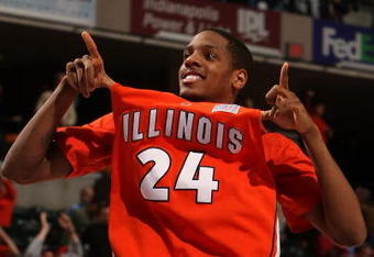 INDIANAPOLIS - MARCH 15:  Mike Davis #24 of the Illinois Fighting Illini celebrates Illinois' 54-50 win against the Minnesota Golden Gophers during their semifinal game on Day 3 of the Big Ten Men's Basketball Tournament at Conseco Fieldhouse on March 15, 2008 in Indianapolis, Indiana.  (Photo by Jonathan Daniel/Getty Images)