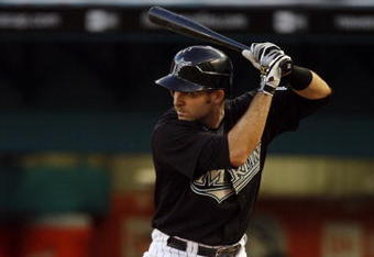 MIAMI - APRIL 30: Catcher Mike Rabelo #58 of the Florida Marlins at bat against the Los Angeles Dodgers on April 30, 2008 at Dolphin Stadium in Miami, Florida. (Photo by Eliot J. Schechter/Getty Images)