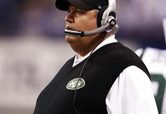 INDIANAPOLIS, IN - DECEMBER 27: Head coach Rex Ryan of the New York Jets looks on against the Indianapolis Colts at Lucas Oil Stadium on December 27, 2009 in Indianapolis, Indiana. The Jets handed the Colts their first loss of the season, 29-15. (Photo by Joe Robbins/Getty Images)