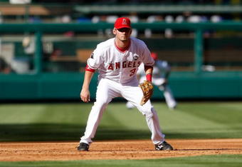 ANAHEIM, CA - OCTOBER 01:  Brandon Wood #3 of the Los Angeles Angels of Anaheim gets set against the Texas Rangers at Angel Stadium on October 1, 2009 in Anaheim, California. The Rangers defeated the Angels 11-3.  (Photo by Jeff Gross/Getty Images)