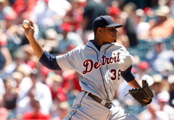 ANAHEIM, CA - AUGUST 26:  Edwin Jackson #36 of the Detroit Tigers pitches against the Los Angeles Angels of Anaheim at Angel Stadium on August 26, 2009 in Anaheim, California.  (Photo by Jeff Gross/Getty Images)