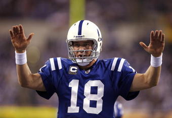 INDIANAPOLIS, IN - DECEMBER 27: Peyton Manning #18 of the Indianapolis Colts looks on against the New York Jets at Lucas Oil Stadium on December 27, 2009 in Indianapolis, Indiana. The Jets handed the Colts their first loss of the season, 29-15. (Photo by Joe Robbins/Getty Images)