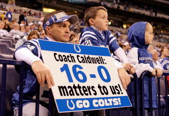 INDIANAPOLIS - DECEMBER 27:  A Indianapolis Colts is pictured during the NFL game against the New York Jets at Lucas Oil Stadium on December 27, 2009 in Indianapolis, Indiana. Peyton Manning and many of the starters were pulled from the game in the second half and the Colts went on to lose their first game of the season 29-15.  (Photo by Andy Lyons/Getty Images)