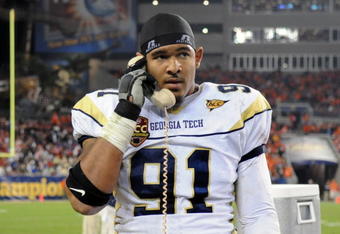 TAMPA, FL - NOVEMBER 28: Defensive end Derrick Morgan #91 of the Georgia Tech Yellow Jackets checks with coaches against the Clemson Tigers in the 2009 ACC Football Championship Game December 5, 2009 at Raymond James Stadium in Tampa, Florida.  (Photo by Al Messerschmidt/Getty Images) 