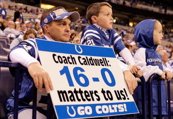 INDIANAPOLIS - DECEMBER 27:  A Indianapolis Colts is pictured during the NFL game against the New York Jets at Lucas Oil Stadium on December 27, 2009 in Indianapolis, Indiana. Peyton Manning and many of the starters were pulled from the game in the second half and the Colts went on to lose their first game of the season 29-15.  (Photo by Andy Lyons/Getty Images)