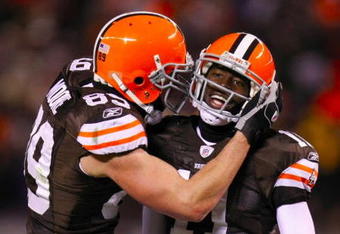 CLEVELAND - DECEMBER 10: Evan Moore #89 and Mohamed Massaquoi #11 of the Cleveland Browns celebrate after a catch against the Pittsburgh Steelers at Cleveland Browns Stadium on December 10, 2009 in Cleveland, Ohio. (Photo by Gregory Shamus/Getty Images)