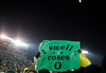 EUGENE,OR - DECEMBER 03: A sign is held by a fan in response to the Oregon Ducks winning the game against the Oregon State Beavers 33-37 to advance to the Rose Bowl on December 3, 2009 in Eugene, Oregon. (Photo by Tom Hauck/Getty Images)