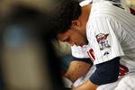 MINNEAPOLIS, MN - OCTOBER 11: Pitcher Jose Mijares #50 of the Minnesota Twins hangs his head in disappointment after being benched in the ninth inning against the New York Yankees in Game Three of the ALDS during the 2009 MLB Playoffs at the Hubert H. Humphrey Metrodome on October 11, 2009 in Minneapolis, Minnesota. The Yankees defeated the Twins 4-1. (Photo by Genevieve Ross/Getty Images)
