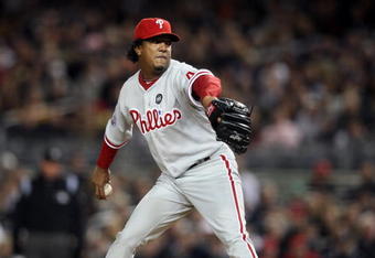NEW YORK - NOVEMBER 04:  Starting pitcher Pedro Martinez #45 of the Philadelphia Phillies throws a pitch against the New York Yankees in Game Six of the 2009 MLB World Series at Yankee Stadium on November 4, 2009 in the Bronx borough of New York City.  (Photo by Nick Laham/Getty Images)