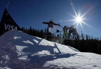 TELLURIDE, CO - DECEMBER 19:  Forerunners head down the course in preparation for the FIS Snowboardcross World Cup on December 19, 2009 in Telluride, Colorado.  (Photo by Doug Pensinger/Getty Images)