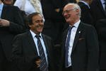 BARCELONA, SPAIN - APRIL 28: Chelsea Chairman Bruce Buck (R) laughs with UEFA President Michel Platini during the UEFA Champions League Semi Final First Leg match between Barcelona and Chelsea at the Nou Camp Stadium on April 28, 2009 in Barcelona, Spain.  (Photo by Alex Livesey/Getty Images)