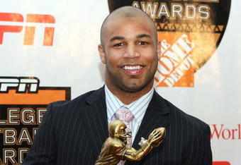 LAKE BUENA VISTA, FL - DECEMBER 10:  Wide receiver Golden Tate of the Notre Dame Fighting Irish poses with the Biletnikoff Award trophy during the Home Depot ESPNU College Football Awards at the Disney Boardwalk on December 10, 2009 in Lake Buena Vista, Florida.  (Photo by Doug Benc/Getty Images)