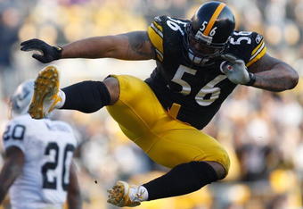 PITTSBURGH - DECEMBER 6: LaMarr Woodley #56 of the Pittsburgh Steelers celebrates after sacking Bruce Gadkowski #5 of the Oakland Raiders during the game on December 6, 2009 at Heinz Field in Pittsburgh, Pennsylvania. (Photo by Jared Wickerham/Getty Images)