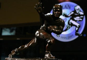NEW YORK - DECEMBER 12:  The Heisman trophy awarded to Running back Mark Ingram #22 of the Alabama Crimson Tide at a press conference after  he was named the 75th Heisman Trophy winner at the Marriott Marquis on December 12, 2009 in New York City.  (Photo by Chris Trotman/Getty Images)