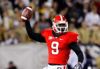 ATLANTA - NOVEMBER 28:  Reshad Jones #9 of the Georgia Bulldogs reacts after pulling down an interception against the Georgia Tech Yellow Jackets at Bobby Dodd Stadium on November 28, 2009 in Atlanta, Georgia.  (Photo by Kevin C. Cox/Getty Images)