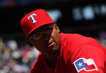 ARLINGTON, TX - APRIL 06:  Right fielder Marlon Byrd #22 of the Texas Rangers during the home opener on April 6, 2009 at Rangers Ballpark in Arlington, Texas.  (Photo by Ronald Martinez/Getty Images)