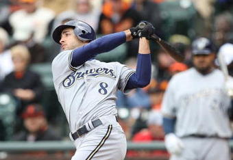 SAN FRANCISCO - APRIL 07:  Ryan Braun #8 of the Milwaukee Brewers bats against the San Francisco Giants during Opening Day of the Major League Baseball season on April 7, 2009 at AT&T Park in San Francisco, California.  (Photo by Jed Jacobsohn/Getty Images)