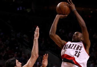 PORTLAND, OR - APRIL 28:  Travis Outlaw #25 of the Portland Trail Blazers shoots against Luis Scola #4 of the Houston Rockets during Game 5 of the Western Conference Quarterfinals of the NBA Playoffs on April 28, 2009 at the Rose Garden in Portland, Oregon. NOTE TO USER: User expressly acknowledges and agrees that, by downloading and or using this Photograph, user is consenting to the terms and conditions of the Getty Images License Agreement.  (Photo by Jonathan Ferrey/Getty Images)