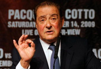 LAS VEGAS - NOVEMBER 11:  Boxing promoter Bob Arum speaks during the final news conference for the bout between boxer Manny Pacquiao and WBO welterweight champion Miguel Cotto at the MGM Grand Hotel/Casino November 11, 2009 in Las Vegas, Nevada. Pacquiao and Cotto will meet in a WBO welterweight title fight at the MGM Grand on November 14.  (Photo by Ethan Miller/Getty Images)