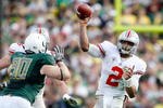 PASADENA, CA - JANUARY 01:  Quarterback Terrelle Pryor #2 of the Ohio State Buckeyes attepts a pass against the Oregon Ducks during the 96th Rose Bowl game on January 1, 2010 in Pasadena, California.  (Photo by Jeff Gross/Getty Images)