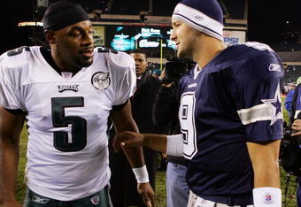PHILADELPHIA - NOVEMBER 04:  Donovan McNabb #5 of the Philadelphia Eagles talks with Tony Romo #9 of the Dallas Cowboys after their game on November 4, 2007 at Lincoln Financial Field in Philadelphia, Pennsylvania.  (Photo by Jim McIsaac/Getty Images)