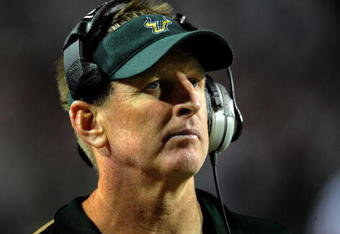 RALEIGH, NC - SEPTEMBER 27:  Head coach Jim Leavitt of the South Florida Bulls looks out at his team from the sidelines in the fourth quarter of the college football game against the North Carolina State Wolfpack at Carter-Finley Stadium on September 27, 2008 in Raleigh, North Carolina. South Florida won the game 41-10. (Photo by Steve Dykes/Getty Images)
