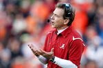 AUBURN, AL - NOVEMBER 27:  Head coach Nick Saban of the Alabama Crimson Tide yells to his offense during the game against the Auburn Tigers at Jordan-Hare Stadium on November 27, 2009 in Auburn, Alabama.  (Photo by Kevin C. Cox/Getty Images)