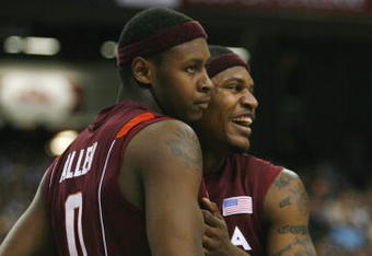 ATLANTA - MARCH 13:  Jeff Allen #0 and  J.T. Thompson #33 of the Virginia Tech Hokies celebrate against the North Carolina Tar Heels during day two of the 2009 ACC Men's Basketball Tournament on March 13, 2009 at the Georgia Dome in Atlanta, Georgia.  (Photo by Kevin C. Cox/Getty Images)